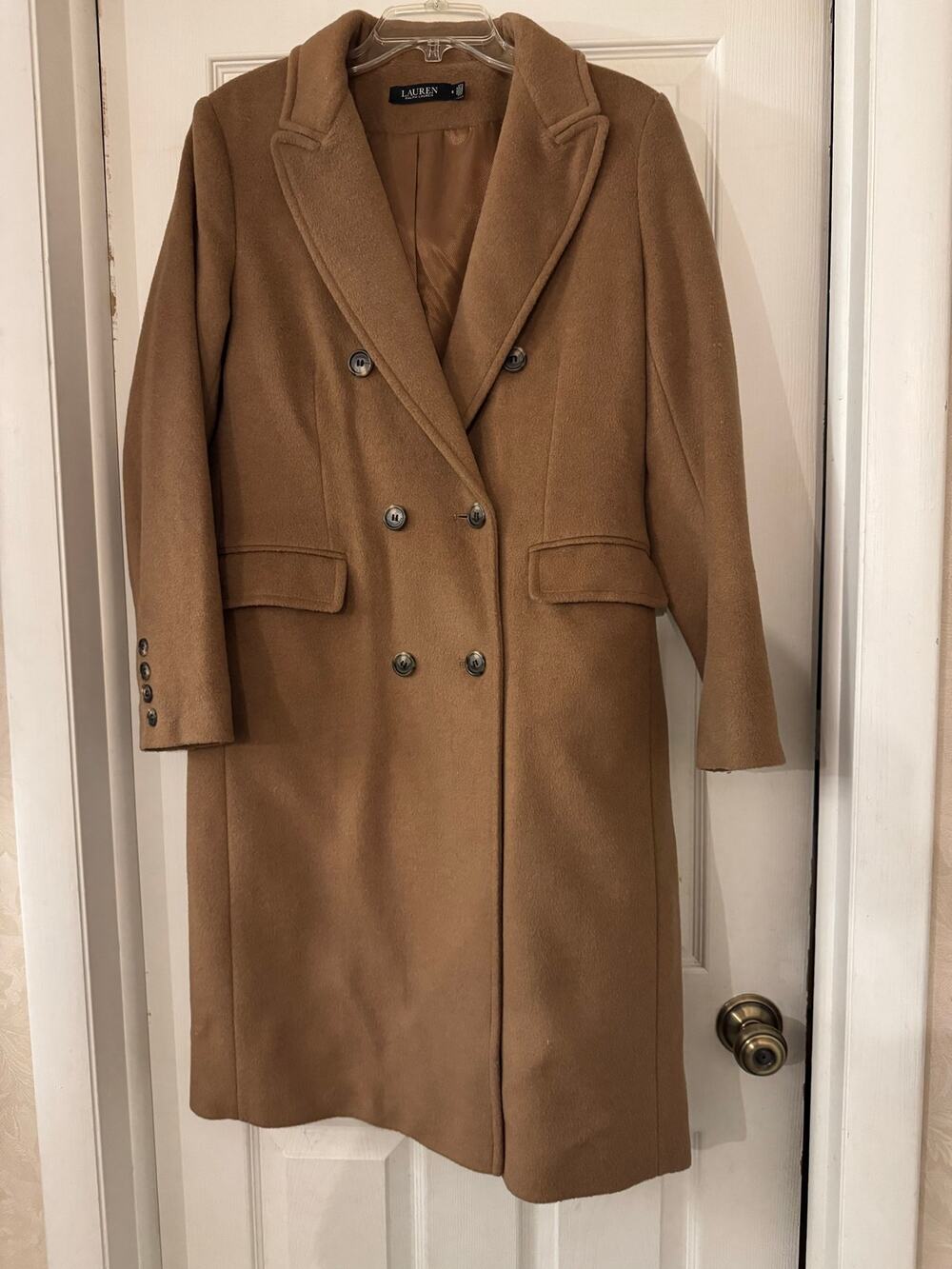 Lauren Ralph Lauren Camel Wool Blend Double-Breasted Long Trench Overcoat Sz 6